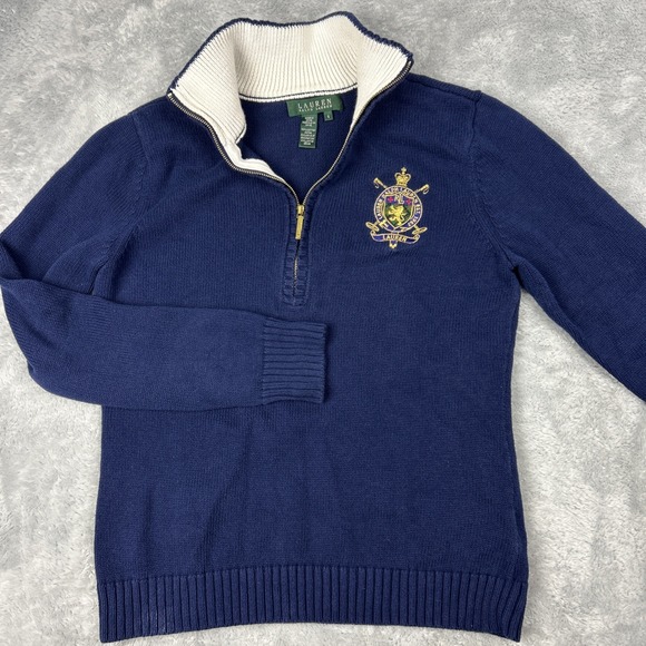 Lauren Ralph Lauren Sweaters - Lauren Ralph Lauren Gold Crown Crest 1/4 Zip Mock Neck Navy Sweater Womens XS
